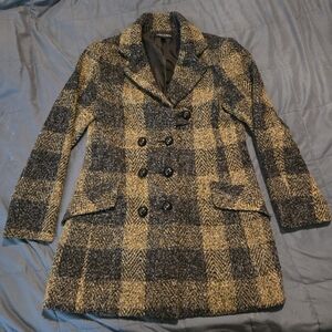 Linea Domani Black and Tan Plaid Tartan Pea Coat Womens 6